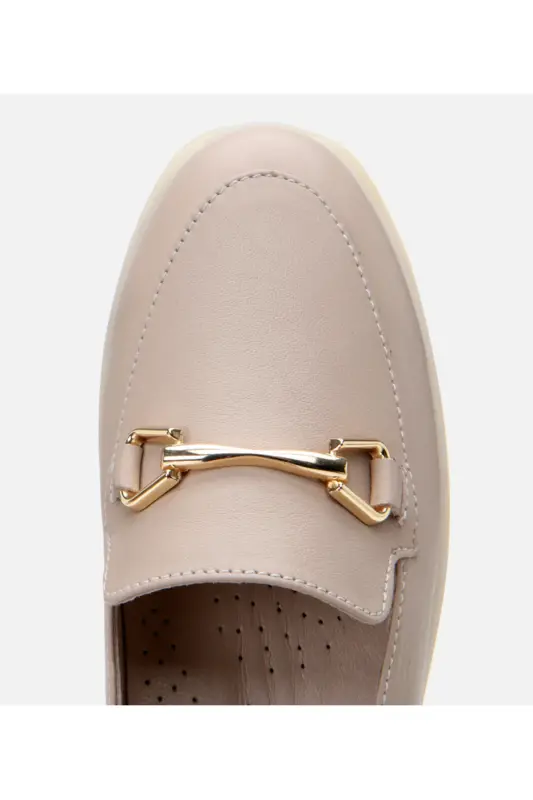 Hakiki Deri Pudra Kadın Tokalı Loafer - VİZON-TAUPE - 5