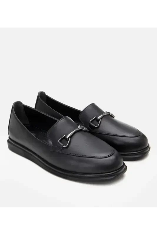 Hakiki Deri Siyah Kadın Tokalı Loafer-SİYAH - 2