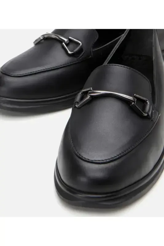 Hakiki Deri Siyah Kadın Tokalı Loafer-SİYAH - 3