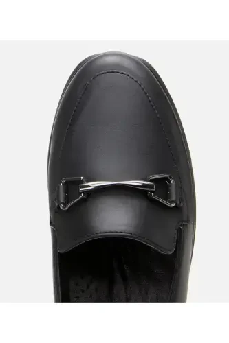 Hakiki Deri Siyah Kadın Tokalı Loafer-SİYAH - 4