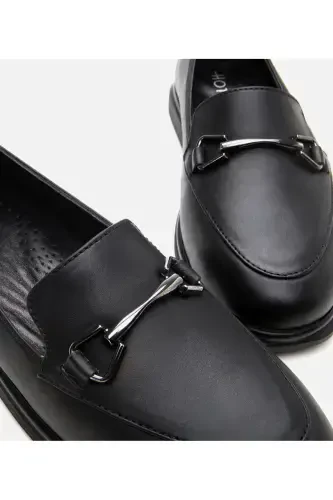 Hakiki Deri Siyah Kadın Tokalı Loafer-SİYAH - 5