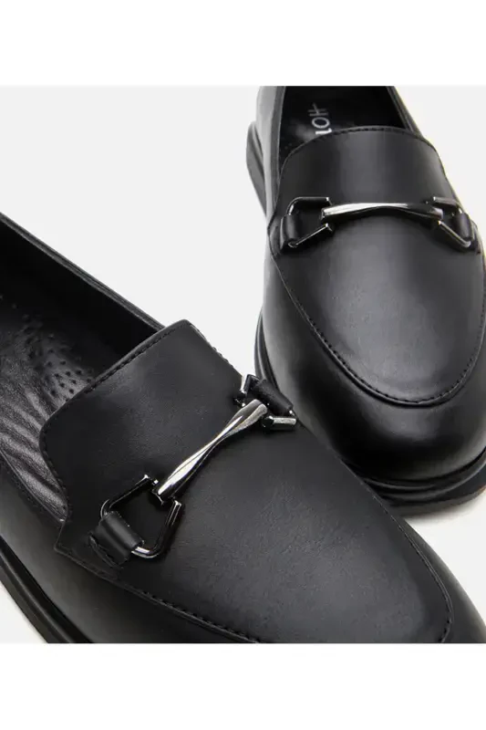 Hakiki Deri Siyah Kadın Tokalı Loafer-SİYAH - 5