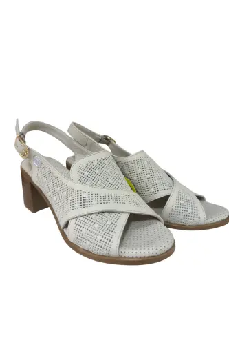 Hakiki Deri Topuklu Kadın KREM Sandalet 6,5 cm. -Krem - 2