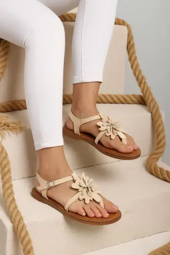 Beyaz Hakiki Süet Çiçekli Parmak Arası Tabanı Kahve Hakiki Deri Bilekten Bağlama Kadın Sandalet-Beyaz - 1