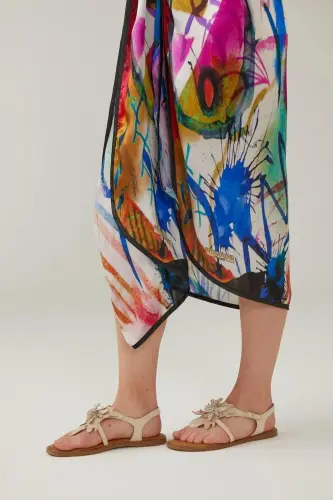 Beyaz Hakiki Süet Çiçekli Parmak Arası Tabanı Kahve Hakiki Deri Bilekten Bağlama Kadın Sandalet-Beyaz - 8