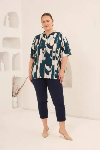 Hakim Yaka Büyük Beden Desenli Bluz Petrol - 6