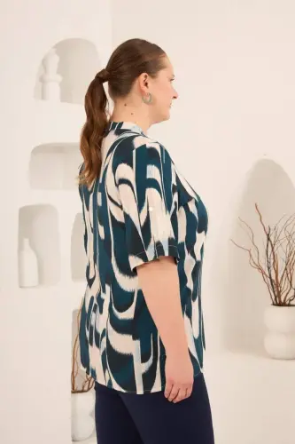 Hakim Yaka Büyük Beden Desenli Bluz Petrol - BÜYÜKBEDENIZ (1)