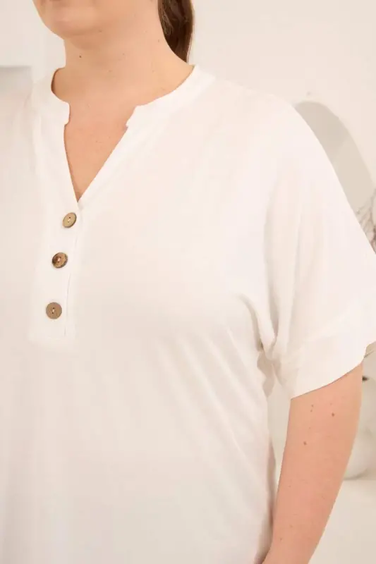 Hakim Yaka Büyük Beden Düğmeli Bluz Ekru - 2