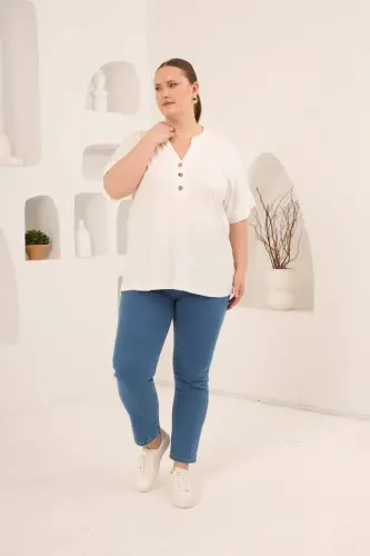 Hakim Yaka Büyük Beden Düğmeli Bluz Ekru - 5