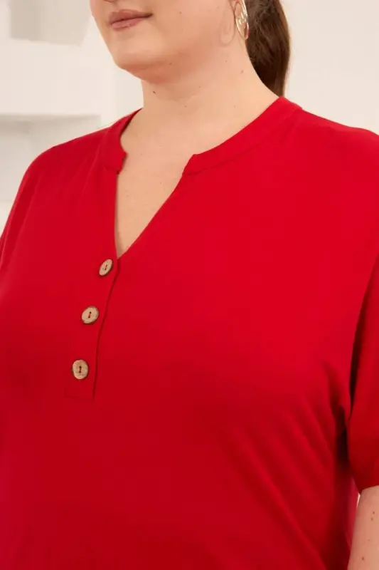 Hakim Yaka Büyük Beden Düğmeli Bluz Kırmızı - 2
