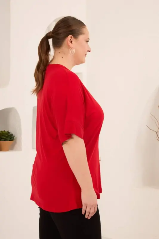 Hakim Yaka Büyük Beden Düğmeli Bluz Kırmızı - 3