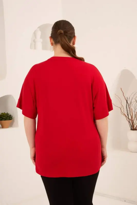 Hakim Yaka Büyük Beden Düğmeli Bluz Kırmızı - 4