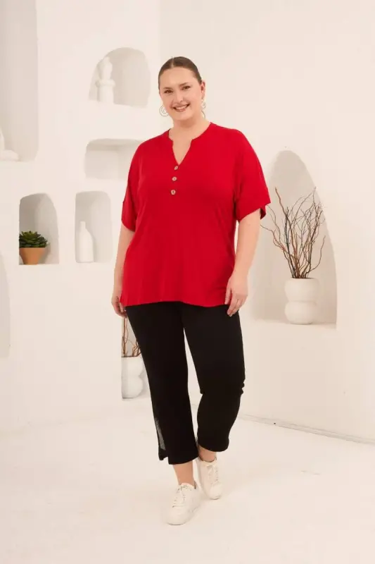 Hakim Yaka Büyük Beden Düğmeli Bluz Kırmızı - 5