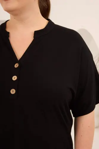 Hakim Yaka Büyük Beden Düğmeli Bluz Siyah - BÜYÜKBEDENIZ (1)