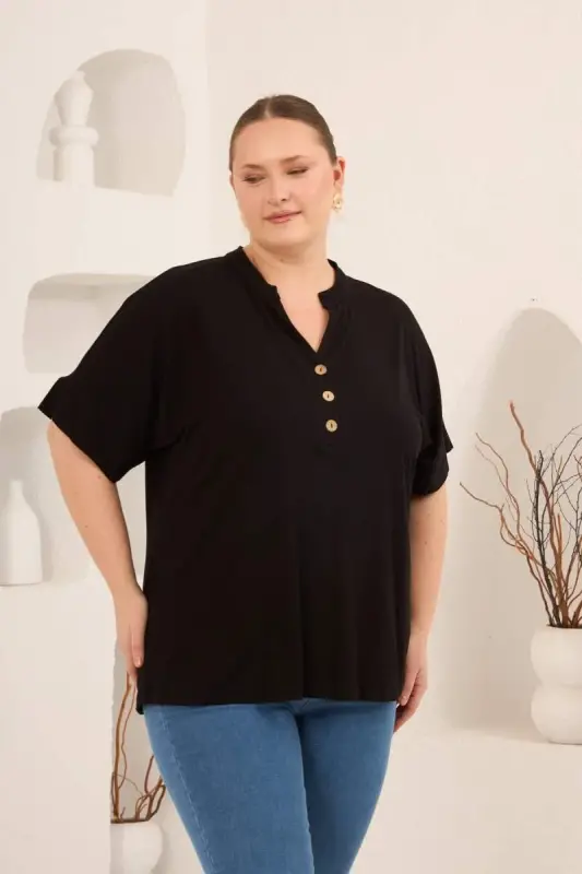 Hakim Yaka Büyük Beden Düğmeli Bluz Siyah - 3