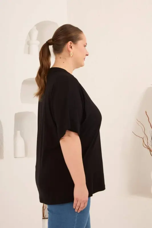 Hakim Yaka Büyük Beden Düğmeli Bluz Siyah - 4