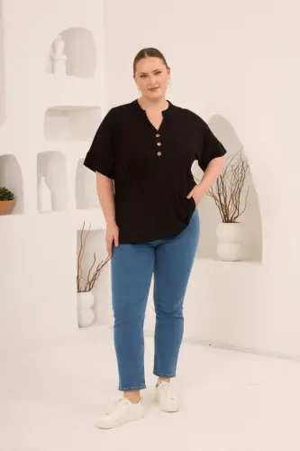 Hakim Yaka Büyük Beden Düğmeli Bluz Siyah - 6