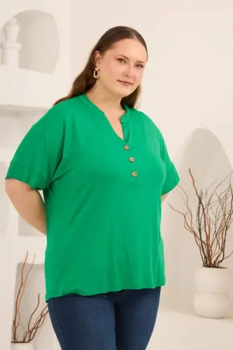 Hakim Yaka Büyük Beden Düğmeli Bluz Yeşil - 3