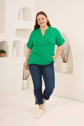 Hakim Yaka Büyük Beden Düğmeli Bluz Yeşil - 6