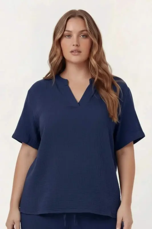 Hakim Yaka Büyük Beden Müslin Kumaş Bluz Lacivert - 1