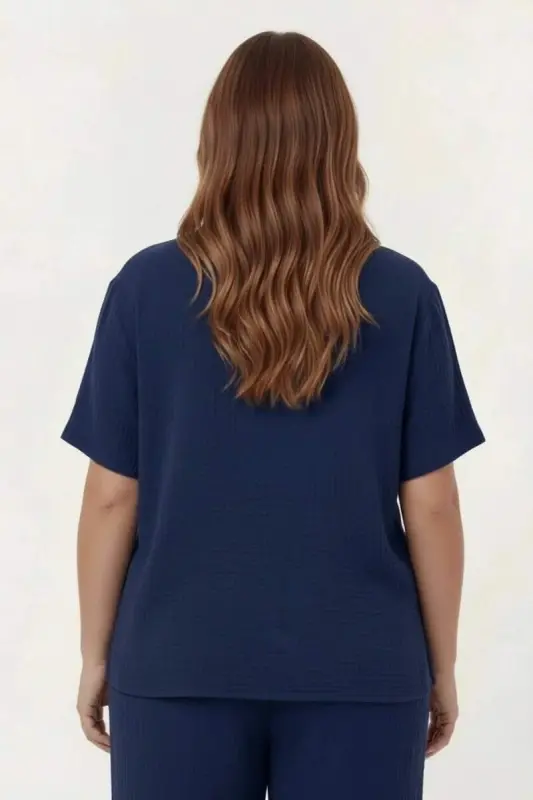 Hakim Yaka Büyük Beden Müslin Kumaş Bluz Lacivert - 4