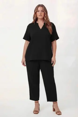 Hakim Yaka Büyük Beden Müslin Kumaş Bluz Siyah - 3