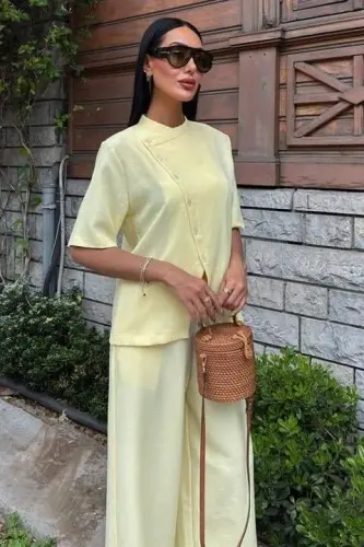 Hakim Yaka Çapraz Düğmeli Plazzo Pantolon Viscon Keten Takım 10209 - BÜYÜKBEDENIZ (1)