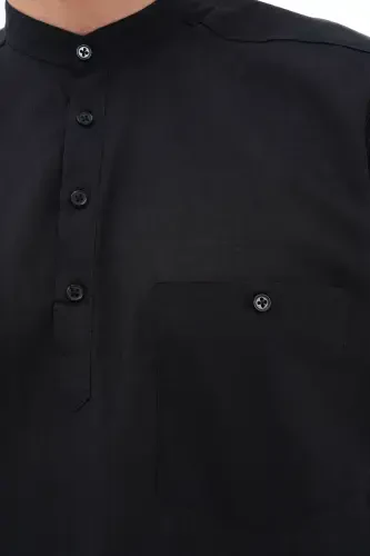 HAKİM YAKA KETEN GÖMLEK YARIM DÜĞMELİ Hac ve UMRE-SİYAH - 3