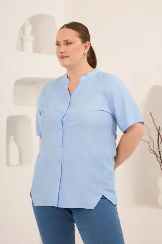 Hakim Yaka Ön Yırtmaçlı Kadın Büyük Beden Gömlek Bebe Mavi - 3