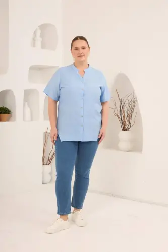 Hakim Yaka Ön Yırtmaçlı Kadın Büyük Beden Gömlek Bebe Mavi - 5