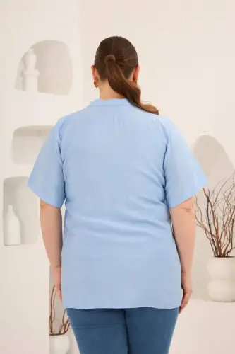 Hakim Yaka Ön Yırtmaçlı Kadın Büyük Beden Gömlek Bebe Mavi - 6