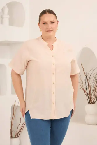 Hakim Yaka Ön Yırtmaçlı Kadın Büyük Beden Gömlek Bej - 1