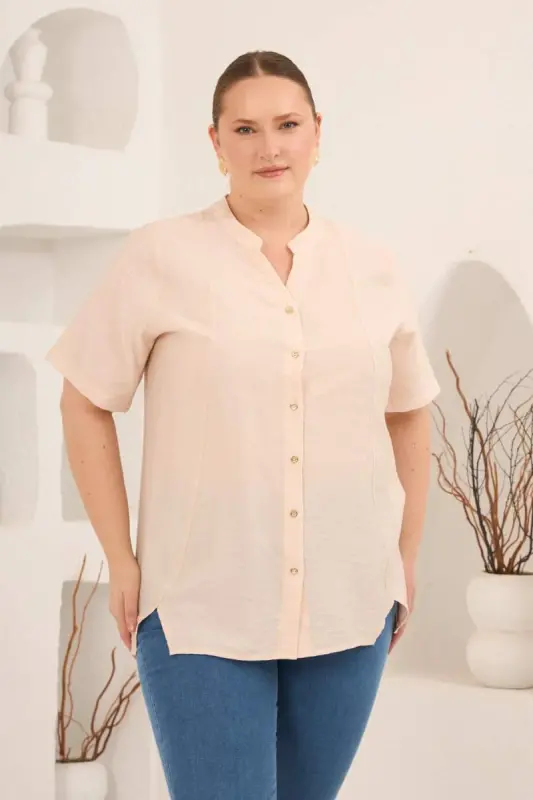 Hakim Yaka Ön Yırtmaçlı Kadın Büyük Beden Gömlek Bej - 1