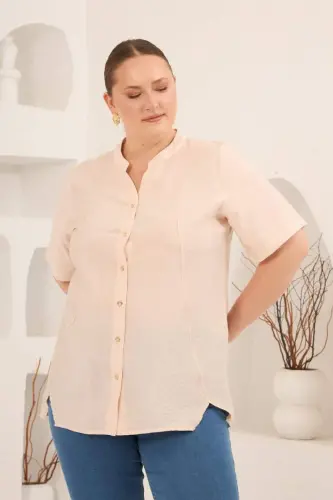 Hakim Yaka Ön Yırtmaçlı Kadın Büyük Beden Gömlek Bej - 4