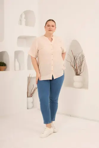 Hakim Yaka Ön Yırtmaçlı Kadın Büyük Beden Gömlek Bej - 5