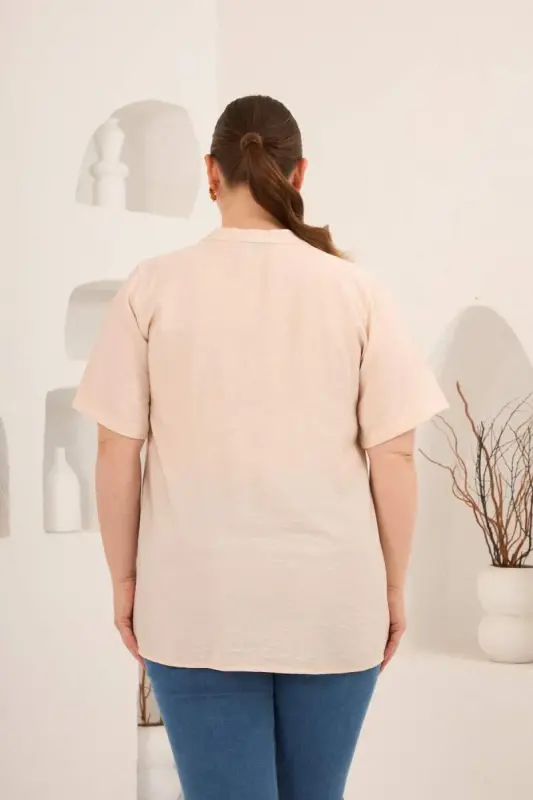 Hakim Yaka Ön Yırtmaçlı Kadın Büyük Beden Gömlek Bej - 6