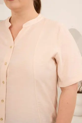 Hakim Yaka Ön Yırtmaçlı Kadın Büyük Beden Gömlek Bej - BÜYÜKBEDENIZ (1)