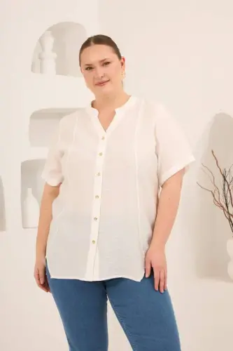 Hakim Yaka Ön Yırtmaçlı Kadın Büyük Beden Gömlek Ekru - 1