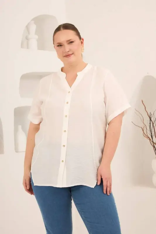 Hakim Yaka Ön Yırtmaçlı Kadın Büyük Beden Gömlek Ekru - 1