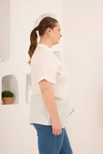 Hakim Yaka Ön Yırtmaçlı Kadın Büyük Beden Gömlek Ekru - 3