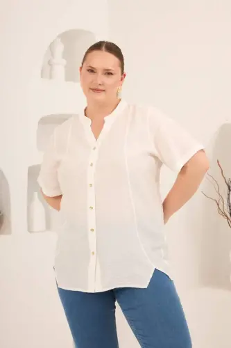 Hakim Yaka Ön Yırtmaçlı Kadın Büyük Beden Gömlek Ekru - 4