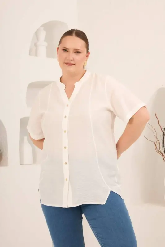 Hakim Yaka Ön Yırtmaçlı Kadın Büyük Beden Gömlek Ekru - 4