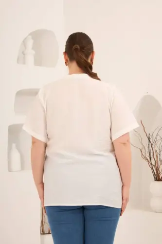 Hakim Yaka Ön Yırtmaçlı Kadın Büyük Beden Gömlek Ekru - 6