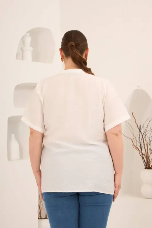Hakim Yaka Ön Yırtmaçlı Kadın Büyük Beden Gömlek Ekru - 6
