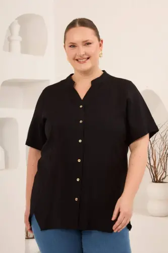 Hakim Yaka Ön Yırtmaçlı Kadın Büyük Beden Gömlek Siyah - 1