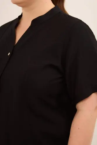 Hakim Yaka Ön Yırtmaçlı Kadın Büyük Beden Gömlek Siyah - 2