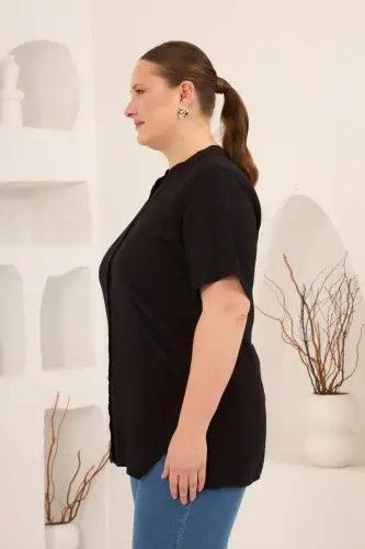 Hakim Yaka Ön Yırtmaçlı Kadın Büyük Beden Gömlek Siyah - 3