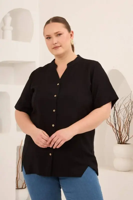 Hakim Yaka Ön Yırtmaçlı Kadın Büyük Beden Gömlek Siyah - 4
