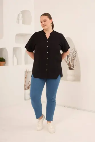 Hakim Yaka Ön Yırtmaçlı Kadın Büyük Beden Gömlek Siyah - 5