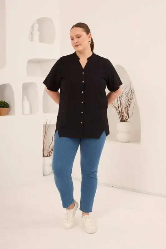 Hakim Yaka Ön Yırtmaçlı Kadın Büyük Beden Gömlek Siyah - 5